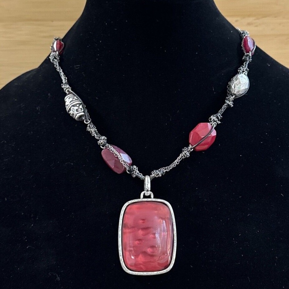 NWT Chico’s pendant red and silver with silver tone chain.